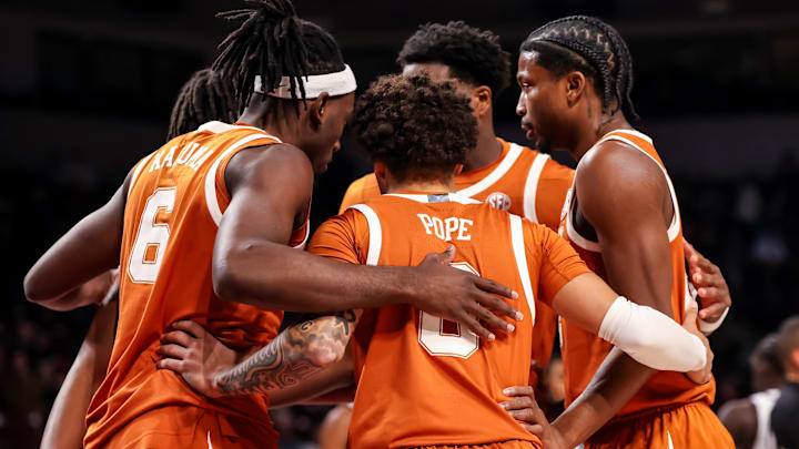 Feb 22, 2025; Columbia, South Carolina, USA; Texas Longhorns players huddle against the South Carolina Gamecocks in the first half at Colonial Life Arena. Mandatory Credit: Jeff Blake-Imagn Images
