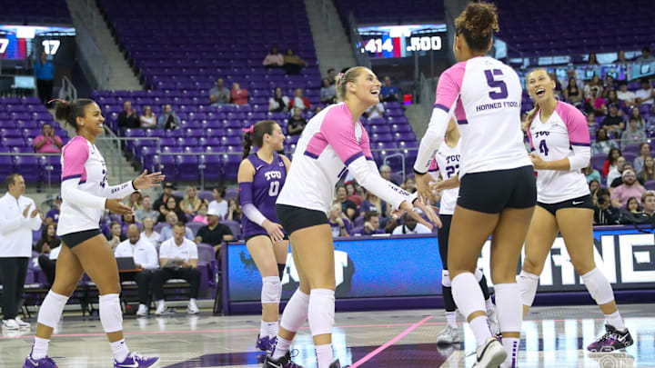 Oct. 20, 2024-TCU volleyball players celebrate a point in their win over Cincinnati in Schollmaier Arena. Oct. 20, 2024-TCU volleyball players celebrate a point in their win over Cincinnati in Schollmaier Arena.
