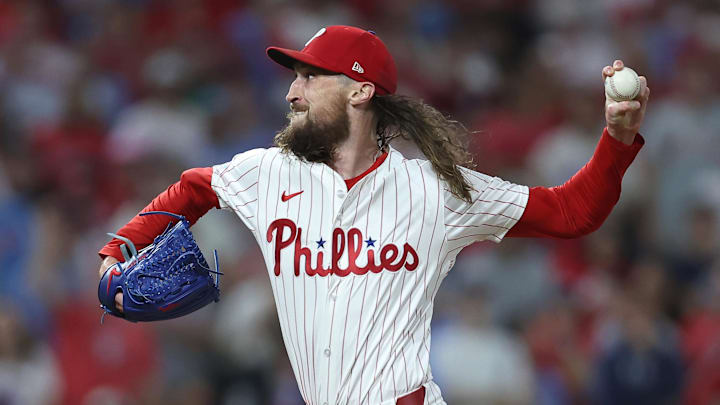 Philadelphia Phillies pitcher Matt Strahm (25) pitches against the Los Angeles Dodgers in the seventh inning during game one of the NLDS round for the 2025 MLB playoffs at Citizens Bank Park. 