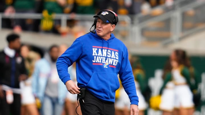 Nov 30, 2024; Waco, Texas, USA;  Kansas Jayhawks head coach Lance Leipold reacts during the first half against the Baylor Bears at McLane Stadium. Mandatory Credit: Chris Jones-Imagn Images