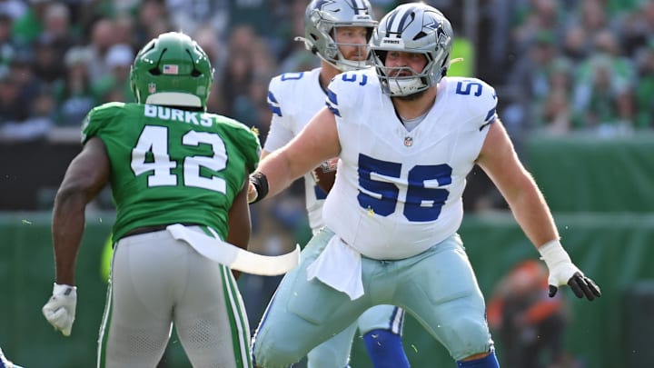 Dallas Cowboys guard Cooper Beebe (56) blocks Philadelphia Eagles linebacker Oren Burks (42) at Lincoln Financial Field.