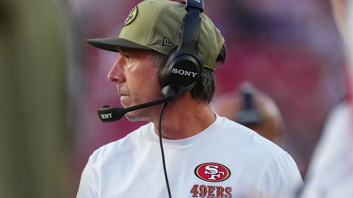 Nov 9, 2025; Santa Clara, California, USA; San Francisco 49ers head coach Kyle Shanahan looks on during the fourth quarter against the Los Angeles Rams at Levi's Stadium. Mandatory Credit: Cary Edmondson-Imagn Images