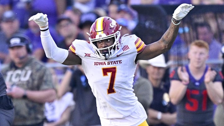 Nov 8, 2025; Fort Worth, Texas, USA; Iowa State Cyclones defensive back Tre Bell (7) celebrates a defensive stop against the TCU Horned Frogs during the first half at Amon G. Carter Stadium. Mandatory Credit: Jerome Miron-Imagn Images