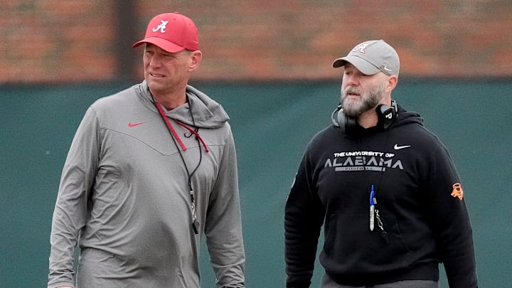 Mar 5, 2025; Tuscaloosa, AL, USA; Head coach Kalen DeBoer and Offensive Coordinator Ryan Grubb watch the offense work during Spring Practice for the Crimson Tide.