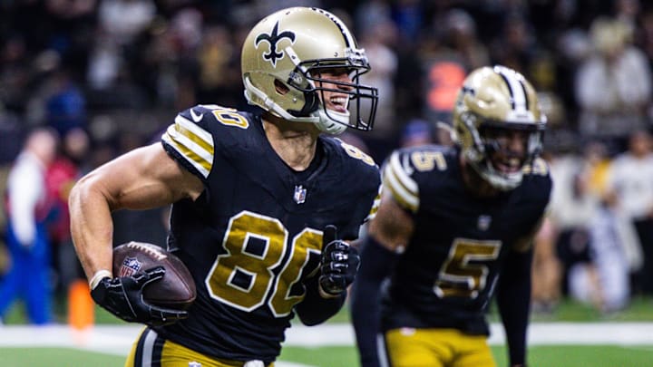 Dec 10, 2023; New Orleans, Louisiana, USA; New Orleans Saints tight end Jimmy Graham (80) smiles after making a touchdown against the Carolina Panthers during the second half at the Caesars Superdome. Mandatory Credit: Stephen Lew-Imagn Images