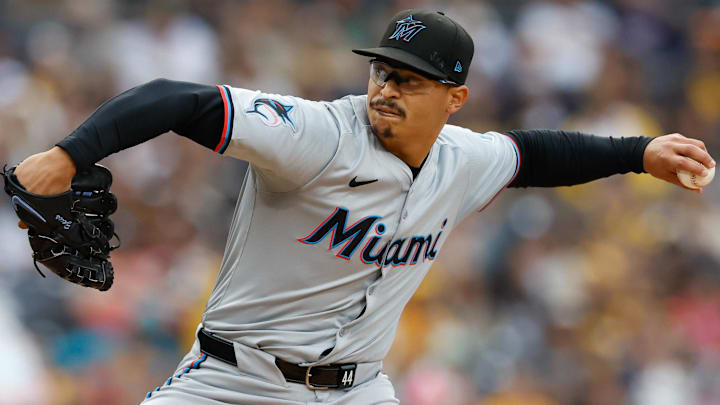 May 28, 2024; San Diego, California, USA; Miami Marlins starting pitcher Jesus Luzardo (44) throws a pitch during the first inning against the San Diego Padres  at Petco Park. 