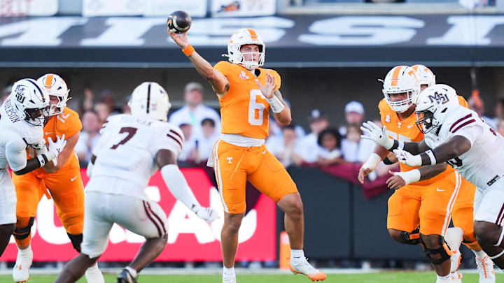 Tennessee quarterback Joey Aguilar (6) throws a pass during a college football game between Tennessee and Mississippi State at Davis Wade Stadium in Starkville, Miss., on Sept. 27, 2025. Tennessee quarterback Joey Aguilar (6) throws a pass during a college football game between Tennessee and Mississippi State at Davis Wade Stadium in Starkville, Miss., on Sept. 27, 2025.