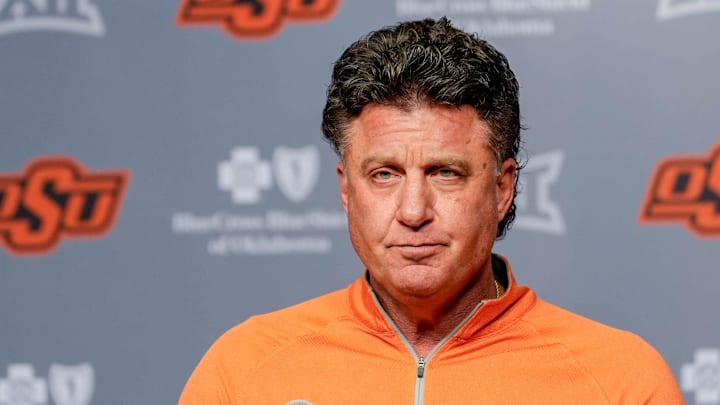 Oklahoma State head football coach Mike Gundy speaks during a press conference at Boone Pickens Stadium in Stillwater Okla., on Thursday, Jan. 23, 2025.