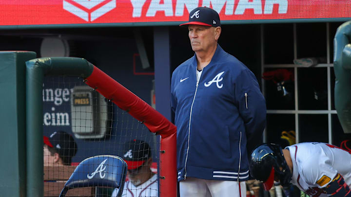 Apr 22, 2024; Atlanta, Georgia, USA; Atlanta Braves manager Brian Snitker (43) in the dugout against the Miami Marlins in the first inning at Truist Park. Mandatory Credit: Brett Davis-Imagn Images
