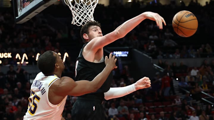 Apr 13, 2025; Portland, Oregon, USA; Portland Trail Blazers center Donovan Clingan (23) blocks Los Angeles Lakers center Trey Jemison III (55) in the second half at Moda Center. Mandatory Credit: Jaime Valdez-Imagn Images Apr 13, 2025; Portland, Oregon, USA; Portland Trail Blazers center Donovan Clingan (23) blocks Los Angeles Lakers center Trey Jemison III (55) in the second half at Moda Center. Mandatory Credit: Jaime Valdez-Imagn Images
