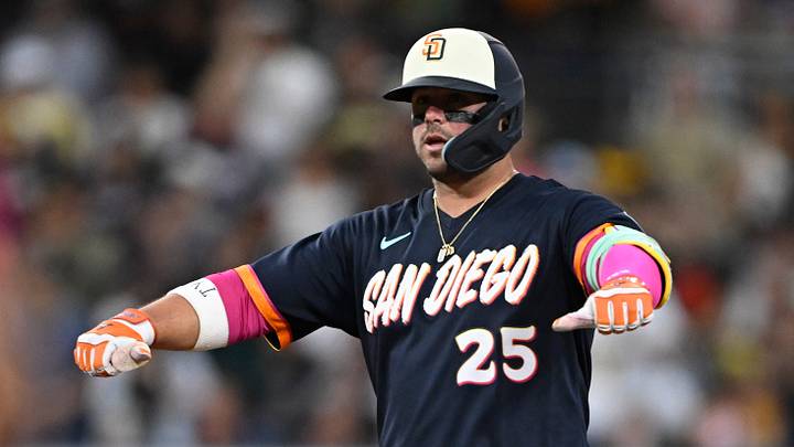 Sep 4, 2026; San Diego, California, USA;  San Diego Padres first baseman Ty France (25) gestures after hitting a double during the second inning against the New York Yankees at Petco Park.  Mandatory Credit: Denis Poroy-Imagn Images