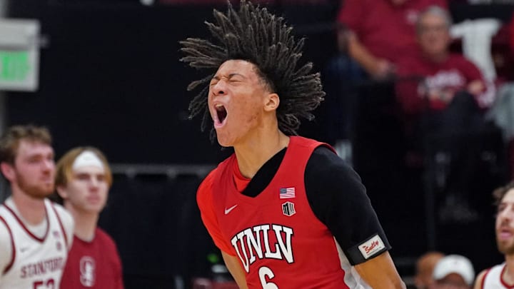 UNLV Runnin' Rebels forward Tyrin Jones (6) celebrates a basket against the Stanford Cardinal in the first half at Maples Pavilion. Mandatory Credit: David Gonzales-Imagn Images