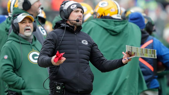 Green Bay Packers coach Matt LaFleur questions a call by the officials during the game against the Chicago Bears at Lambeau Field.