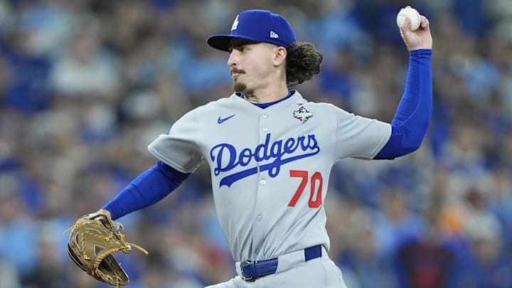 Oct 31, 2025; Toronto, Ontario, CAN; Los Angeles Dodgers pitcher Justin Wrobleski (70) pitches against the Toronto Blue Jays in the seventh inning during game six of the 2025 MLB World Series at Rogers Centre. Mandatory Credit: John E. Sokolowski-Imagn Images Oct 31, 2025; Toronto, Ontario, CAN; Los Angeles Dodgers pitcher Justin Wrobleski (70) pitches against the Toronto Blue Jays in the seventh inning during game six of the 2025 MLB World Series at Rogers Centre. Mandatory Credit: John E. Sokolowski-Imagn Images