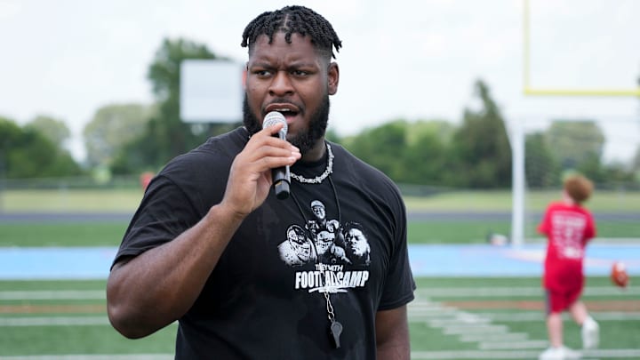 Trey Smith during Trey Smith's football camp hosted at his alma mater University School of Jackson in Jackson, Tenn., on Saturday, June. 21, 2025. Trey Smith during Trey Smith's football camp hosted at his alma mater University School of Jackson in Jackson, Tenn., on Saturday, June. 21, 2025.