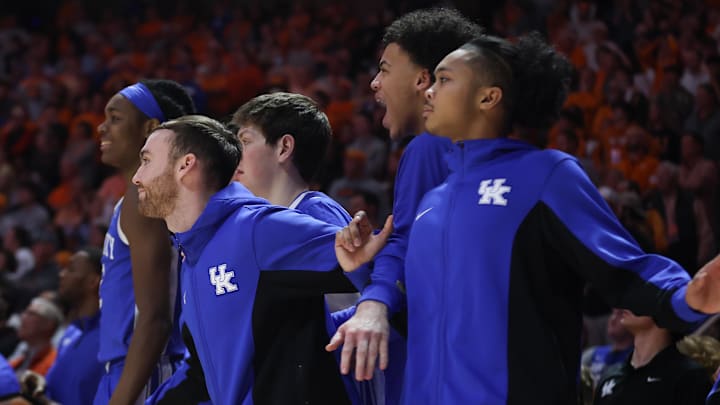 Jan 17, 2026; Knoxville, Tennessee, USA; The Kentucky Wildcats bench reacts to a play against the Tennessee Volunteers during the second half at Thompson-Boling Arena at Food City Center. Mandatory Credit: Randy Sartin-Imagn Images Jan 17, 2026; Knoxville, Tennessee, USA; The Kentucky Wildcats bench reacts to a play against the Tennessee Volunteers during the second half at Thompson-Boling Arena at Food City Center. Mandatory Credit: Randy Sartin-Imagn Images
