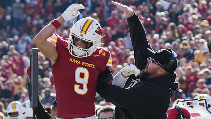 Iowa State Cyclones' wide receiver  (9) celebrates with  after score a touchdown against Kansas during the third quarter in the senior day on Nov. 22, 2025, at Jack Trice Stadium in Ames, Iowa