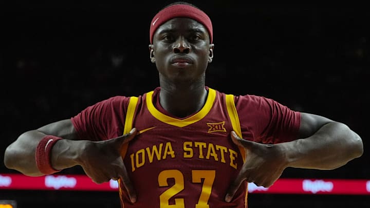 Iowa State Cyclones forward Killyan Toure (27) celebrates after a dunk against Iowa during the second half in the men’s basketball Cy-Hawk series on Dec. 11, 2025, in Ames, Iowa. Iowa State Cyclones forward Killyan Toure (27) celebrates after a dunk against Iowa during the second half in the men’s basketball Cy-Hawk series on Dec. 11, 2025, in Ames, Iowa.