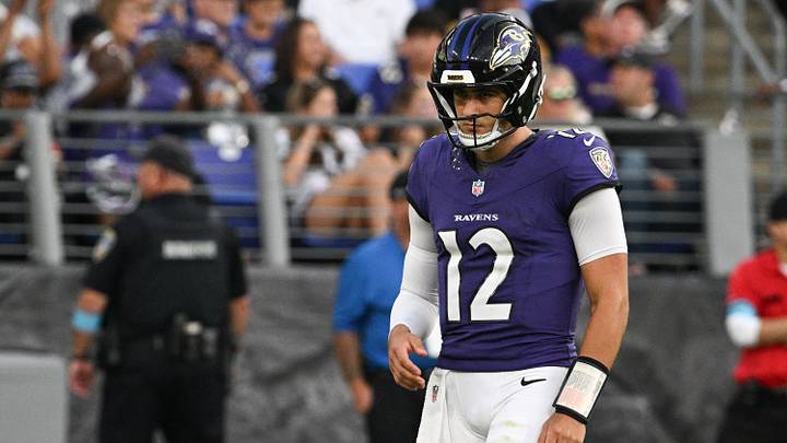 Aug 28, 2026; Baltimore, Maryland, USA;  Baltimore Ravens quarterback Joe Fagnano (12) stands on the field during a time out during the first half against the Washington Commanders at M&T Bank Stadium. Mandatory Credit: Tommy Gilligan-Imagn Images