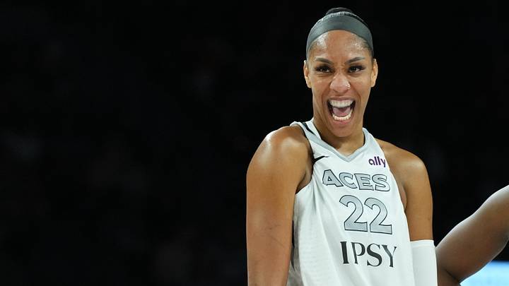 Aug 18, 2026; Las Vegas, Nevada, USA; Las Vegas Aces center A'ja Wilson (22) laughs during a break in play against the Atlanta Dream in the second quarter at Michelob Ultra Arena. Mandatory Credit: Candice Ward-Imagn Images Aug 18, 2026; Las Vegas, Nevada, USA; Las Vegas Aces center A'ja Wilson (22) laughs during a break in play against the Atlanta Dream in the second quarter at Michelob Ultra Arena. Mandatory Credit: Candice Ward-Imagn Images
