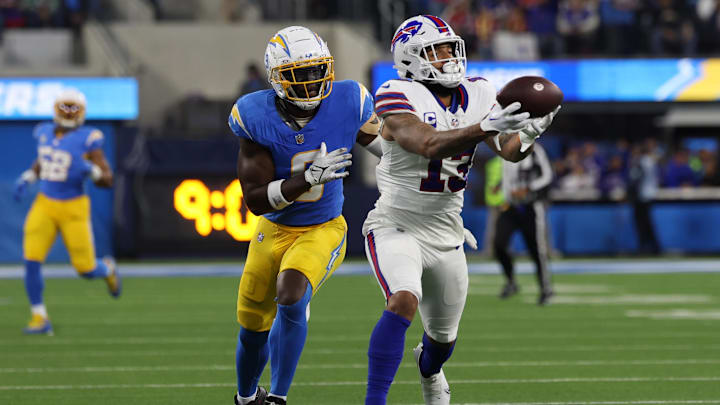 Dec 23, 2023; Inglewood, California, USA;  Buffalo Bills wide receiver Gabe Davis (13) cathces 57-yard touchdown pass during the second quarter against the Los Angeles Chargers at SoFi Stadium.