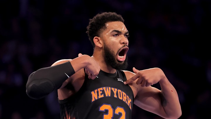 Nov 14, 2025; New York, New York, USA; New York Knicks center Karl-Anthony Towns (32) reacts during the first quarter against the Miami Heat at Madison Square Garden. Mandatory Credit: Brad Penner-Imagn Images Nov 14, 2025; New York, New York, USA; New York Knicks center Karl-Anthony Towns (32) reacts during the first quarter against the Miami Heat at Madison Square Garden. Mandatory Credit: Brad Penner-Imagn Images