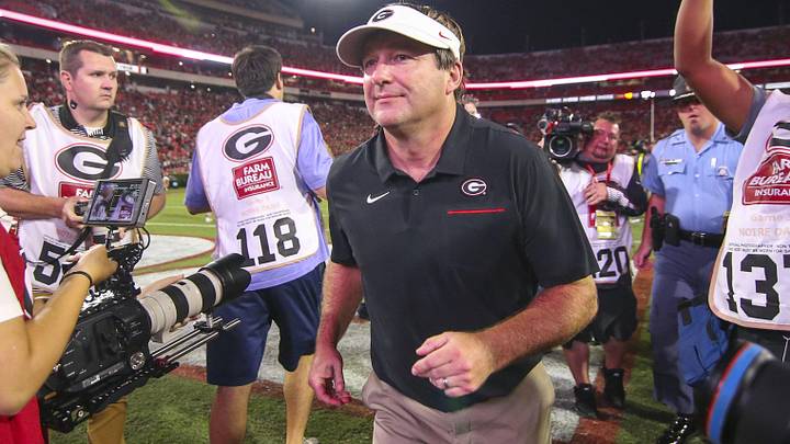 Sep 21, 2019; Athens, GA, USA; Georgia Bulldogs head coach Kirby Smart celebrates after a victory against the Notre Dame Fighting Irish at Sanford Stadium. Mandatory Credit: Brett Davis-Imagn Images
