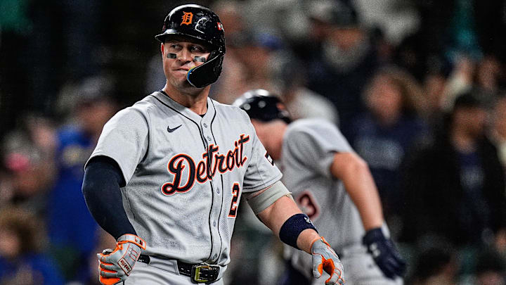 Detroit Tigers first baseman Spencer Torkelson (20) reacts after striking out against Seattle Mariners during the thirteenth inning during ALDS Game 5 at T-Mobile Park in Seattle on Friday, Oct. 10, 2025.