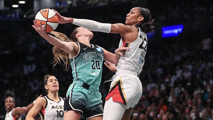 Former South Carolina basketball star A'ja Wilson blocking fellow All-WNBA player Sabrina Ionescu