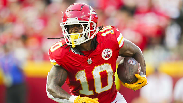 Sep 15, 2024; Kansas City, Missouri, USA; Kansas City Chiefs running back Isiah Pacheco (10) runs the ball during the first half against the Cincinnati Bengals at GEHA Field at Arrowhead Stadium.
