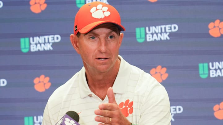 Clemson head coach Dabo Swinney talks with media after the game at Memorial Stadium Saturday, September 6, 2025 in Clemson, S.C.