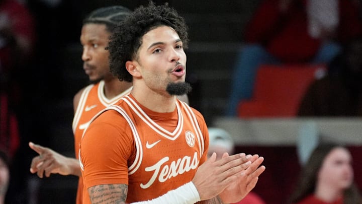Texas' Chendall Weaver (2) celebrates in the second half of the men's college basketball game between the Oklahoma Sooners and the Texas Longhorns at Lloyd Noble Center in Norman, Okla., Saturday Jan. 31, 2026.