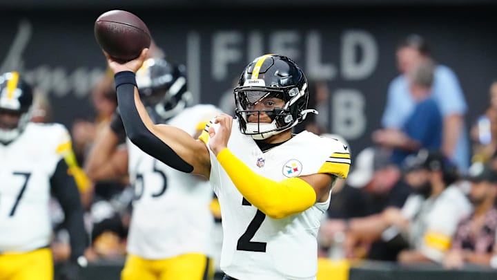 Oct 13, 2024; Paradise, Nevada, USA; Pittsburgh Steelers quarterback Justin Fields (2) warms up before a game against the Las Vegas Raiders at Allegiant Stadium. Mandatory Credit: Stephen R. Sylvanie-Imagn Images