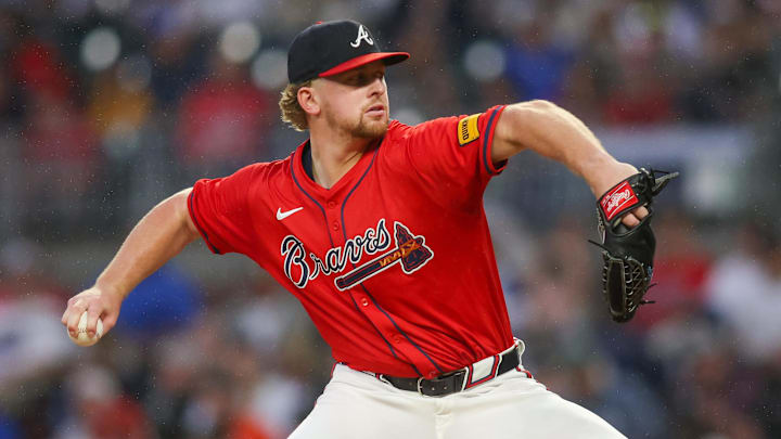 Sep 13, 2024; Atlanta, Georgia, USA; Atlanta Braves starting pitcher Spencer Schwellenbach (56) throws against the Los Angeles Dodgers in the second inning at Truist Park. Mandatory Credit: Brett Davis-Imagn Images
