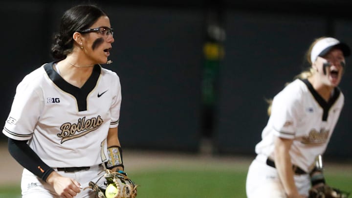 Purdue Boilermakers infielder Sage Scarmardo (1) celebrates after getting an out Wednesday, May 7, 2025, during the Big Ten softball tournament game against the Northwestern Wildcats at Purdue University’s Bittinger Stadium in West Lafayette, Indiana. Purdue Boilermakers won 4-2.