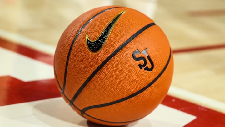 Jan 3, 2023; Queens, New York, USA;  A basketball with the St. John's Red Storm logo at Carnesecca Arena. Mandatory Credit: Wendell Cruz-Imagn Images