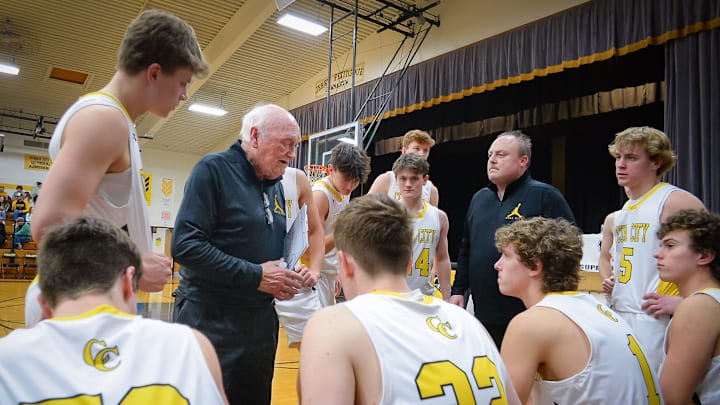 Cuba City coach Jerry Petitgoue talks to his players during a timeout in a boys basketball game against Riverdale on Friday, February 17, 2023, at Cuba City High School in Cuba City, Wisconsin.

Petitgoue