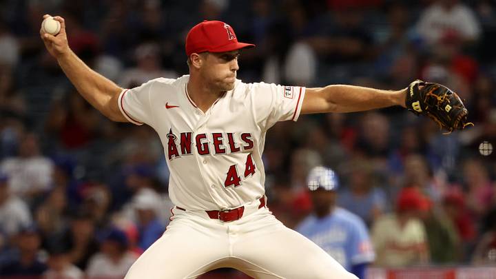 Aug 15, 2026; Anaheim, California, USA; Los Angeles Angels pitcher Ben Joyce (44) pitches during the ninth inning against the Kansas City Royals at Angel Stadium. Mandatory Credit: Kiyoshi Mio-Imagn Images Aug 15, 2026; Anaheim, California, USA; Los Angeles Angels pitcher Ben Joyce (44) pitches during the ninth inning against the Kansas City Royals at Angel Stadium. Mandatory Credit: Kiyoshi Mio-Imagn Images