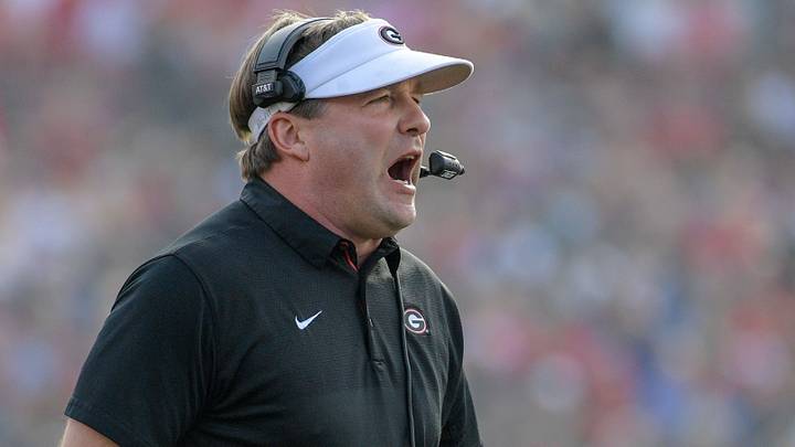 Jan 1, 2018; Pasadena, CA, USA;Georgia Bulldogs head coach Kirby Smart yells out during a game against the Oklahoma Sooners in the 2018 Rose Bowl college football playoff semifinal game at Rose Bowl Stadium. Mandatory Credit: Kirby Lee-USA TODAY Sports