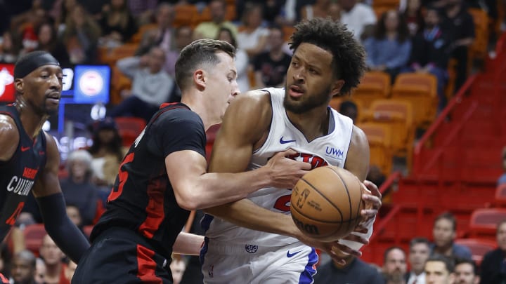 Mar 5, 2024; Miami, Florida, USA; Miami Heat forward Duncan Robinson (55) defends Detroit Pistons guard Cade Cunningham (2) during the first half at Kaseya Center. Mandatory Credit: Rhona Wise-USA TODAY Sports