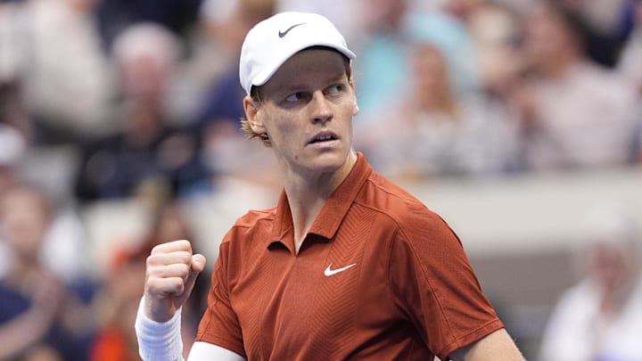 Jannik Sinner seen reacting to opponent Carlos Alcaraz during final mens singles in Flushing, New York 