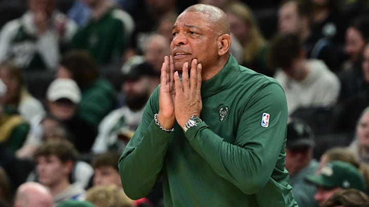 Apr 1, 2025; Milwaukee, Wisconsin, USA; Milwaukee Bucks head coach Doc Rivers reacts in the second quarter against the Phoenix Suns at Fiserv Forum. Mandatory Credit: Benny Sieu-Imagn Images Apr 1, 2025; Milwaukee, Wisconsin, USA; Milwaukee Bucks head coach Doc Rivers reacts in the second quarter against the Phoenix Suns at Fiserv Forum. Mandatory Credit: Benny Sieu-Imagn Images