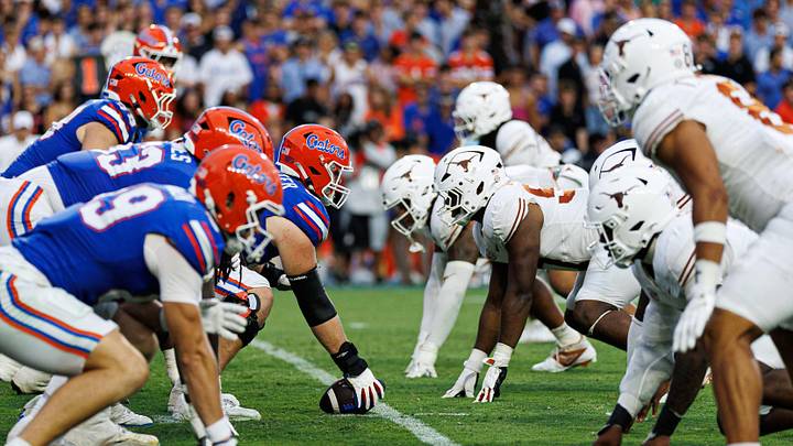Florida Gators offensive lineman Jake Slaughter (66) lines up against the Texas Longhorns defense during the second half at Ben Hill Griffin Stadium. 