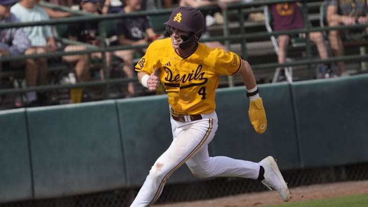 Arizona State infielder Jax Ryan (4) rounds third base before scoring against Ohio State during the second inning at Phoenix Municipal Stadium on Feb. 16, 2025.