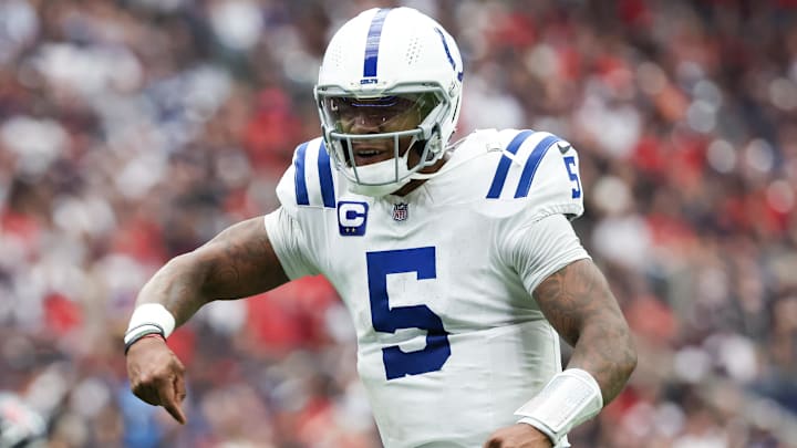 Oct 27, 2024; Houston, Texas, USA;  Indianapolis Colts quarterback Anthony Richardson (5) reacts after throwing a touchdown pass against the Houston Texans in the second half at NRG Stadium. The touchdown was called back. Mandatory Credit: Thomas Shea-Imagn Images