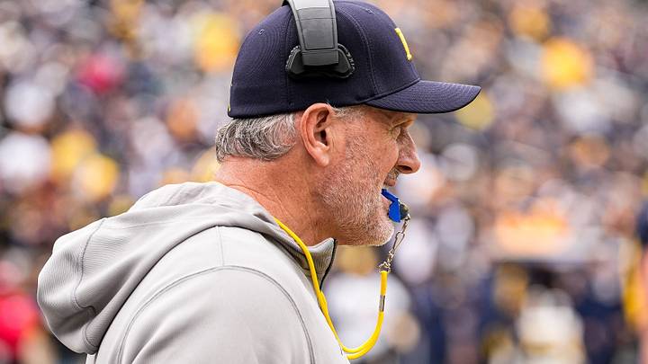 Michigan head coach Kyle Whittingham watches a play during the spring game at Michigan Stadium in Ann Arbor on Saturday, April 18, 2026.