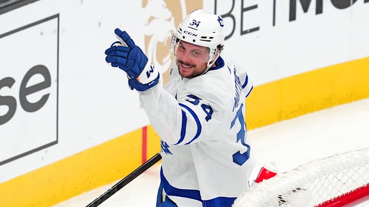 Feb 22, 2024; Las Vegas, Nevada, USA; Toronto Maple Leafs center Auston Matthews (34) celebrates