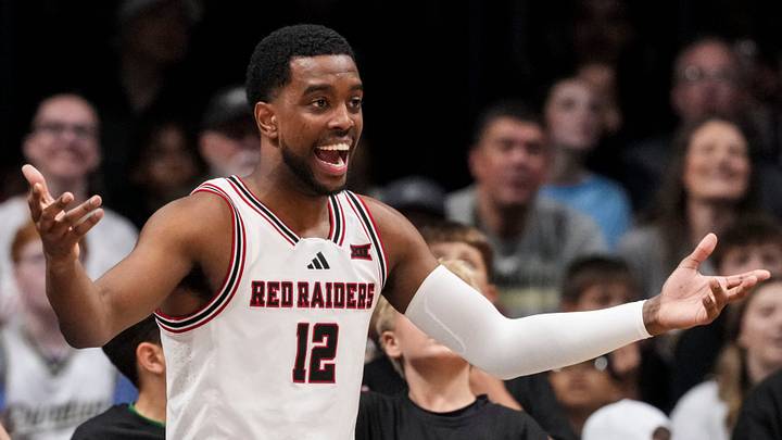 Texas Tech’s Donovan Atwell reacts after competing Friday, April 3, 2026, during the State Farm College Slam Dunk and 3-Point Championships at Hinkle Fieldhouse in Indianapolis.