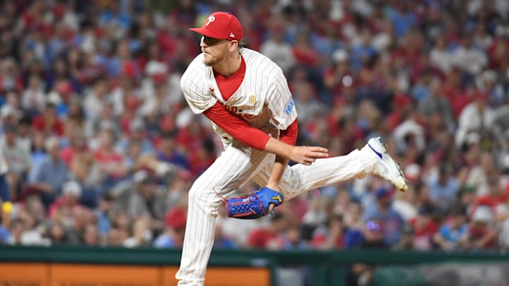 Sep 1, 2024; Philadelphia, Pennsylvania, USA; Philadelphia Phillies pitcher Jeff Hoffman (23) throws a pitch during the eighth inning against the Atlanta Braves at Citizens Bank Park.