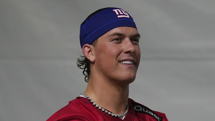 Eat Rutherford, NJ -- May 9, 2025 -- Jaxson Dart waits to talk to the media following practice at Giants Rookie Minicamp.